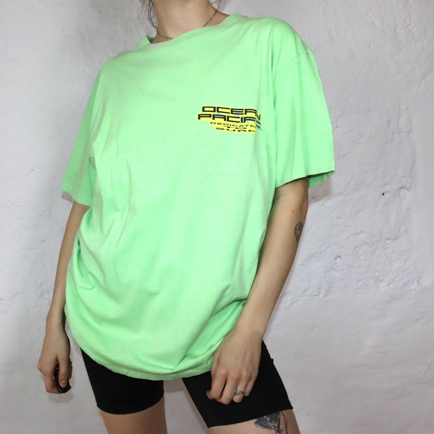 Vintage Rare Ocean Pacific T-Shirt neon green imprint 1990 L/XL