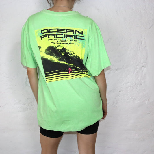 Vintage Rare Ocean Pacific T-Shirt neon green imprint 1990 L/XL