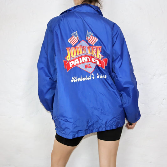 Vintage AUBURN Windbreaker Jacket Button Front Blue John Lee Paint Co. Print Back XL
