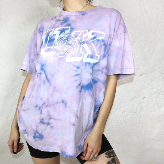 Vintage T-Shirt kurzarm upcycled selfmade blau rosa UK XL
