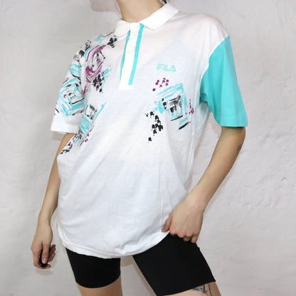 Vintage polo shirt T-shirt collar short-sleeved crazy pattern purple turquoise white FILA M