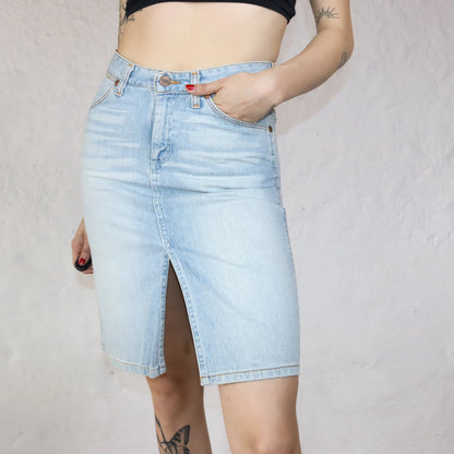 Vintage WRANGLER denim skirt with slit light blue Deadstock W27