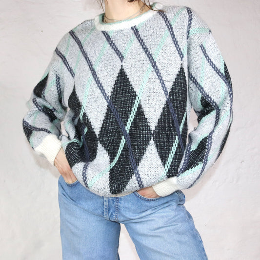 Vintage Pullover Alpaca Wolle gemustert türkis grau 50 M