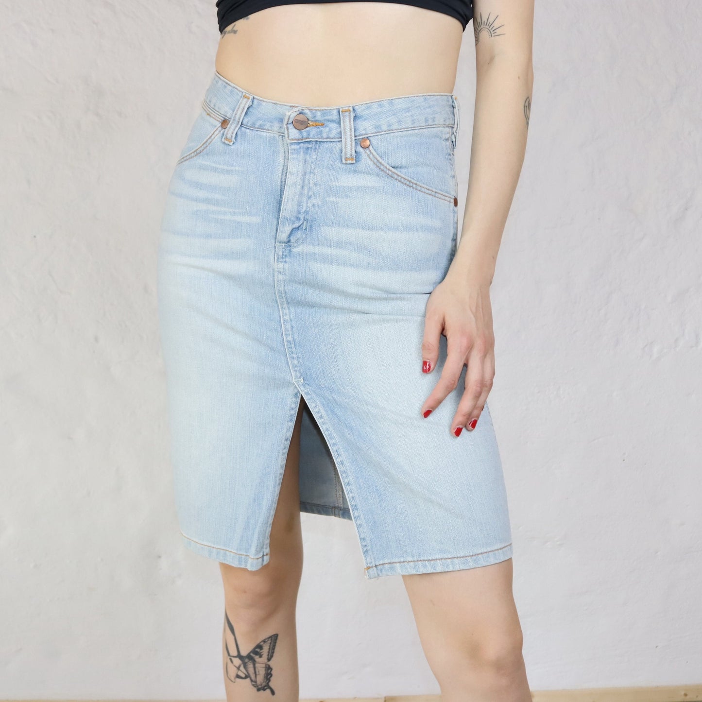 Vintage WRANGLER denim skirt with slit light blue Deadstock W27