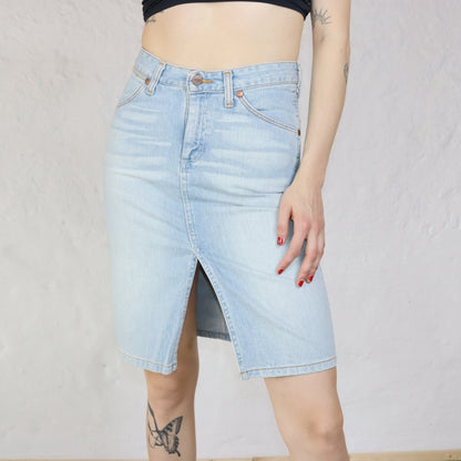 Vintage WRANGLER denim skirt with slit light blue Deadstock W27