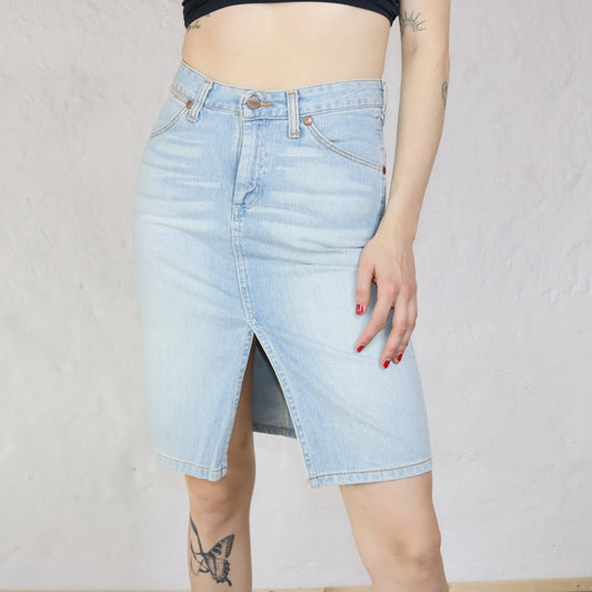 Vintage WRANGLER denim skirt with slit light blue Deadstock W27