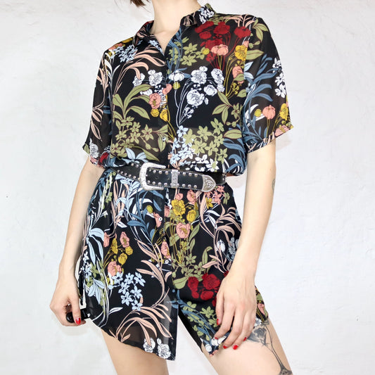 Vintage blouse long blouse slightly transparent floral pattern M