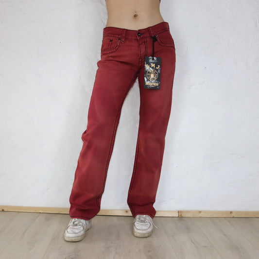 Vintage Y2K BMJ Baggy Pants Jeans Red Deadstock W33/L34