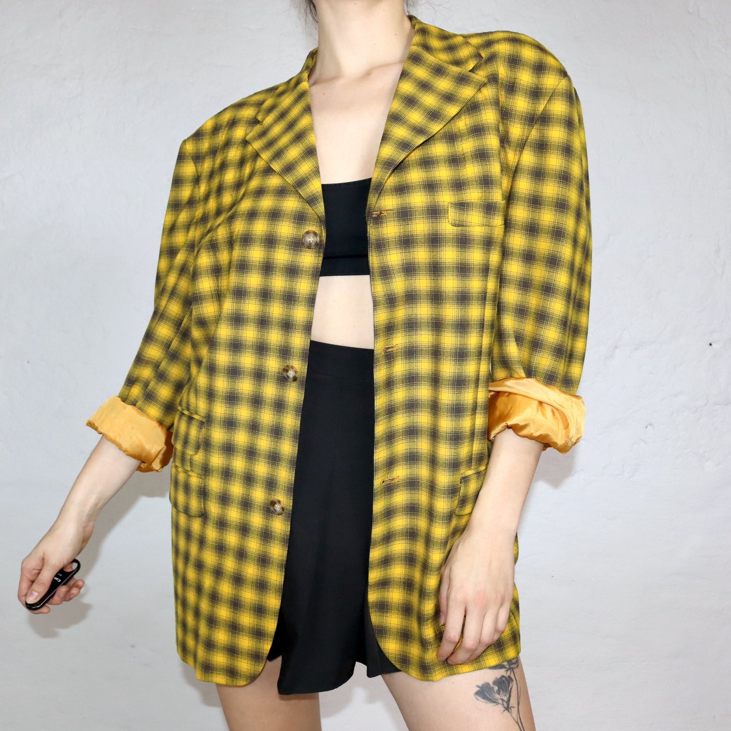 Vintage 80er 90er Blazer Wollblazer kariert oversize schwarz gelb XL