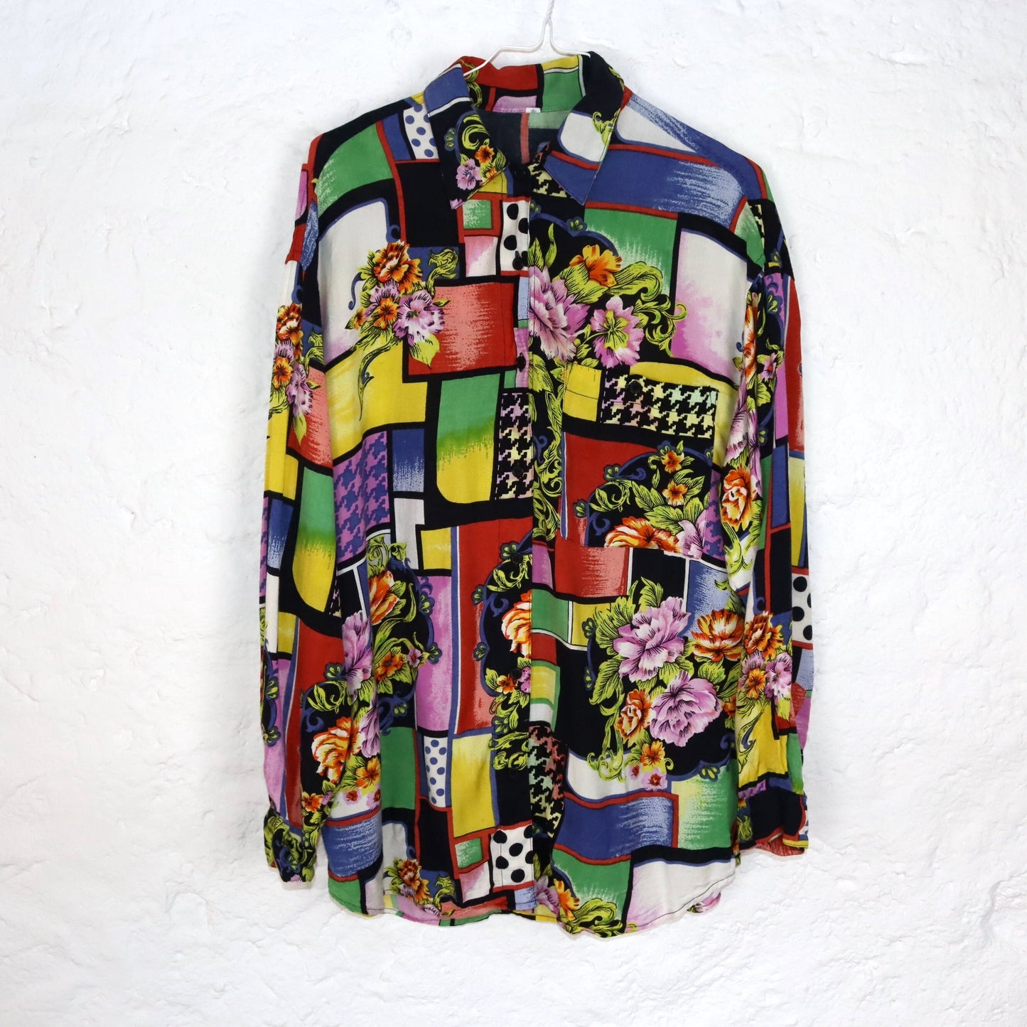 Vintage 80s 90s blouse viscose long sleeve crazy pattern colorful baroque M