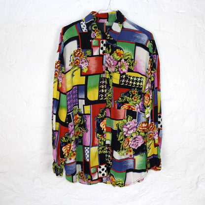 Vintage 80s 90s blouse viscose long sleeve crazy pattern colorful baroque M