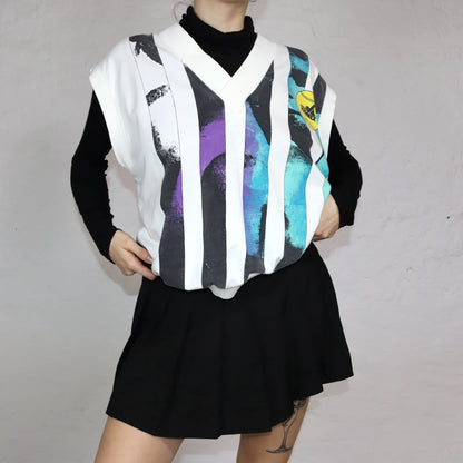 Vintage 80er 90er PRO KENNEX Pullunder crazy pattern weiß gestreift L 52