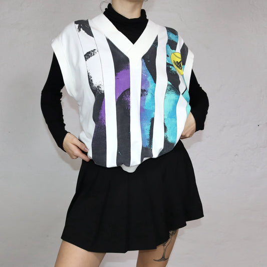 Vintage 80er 90er PRO KENNEX Pullunder crazy pattern weiß gestreift L 52