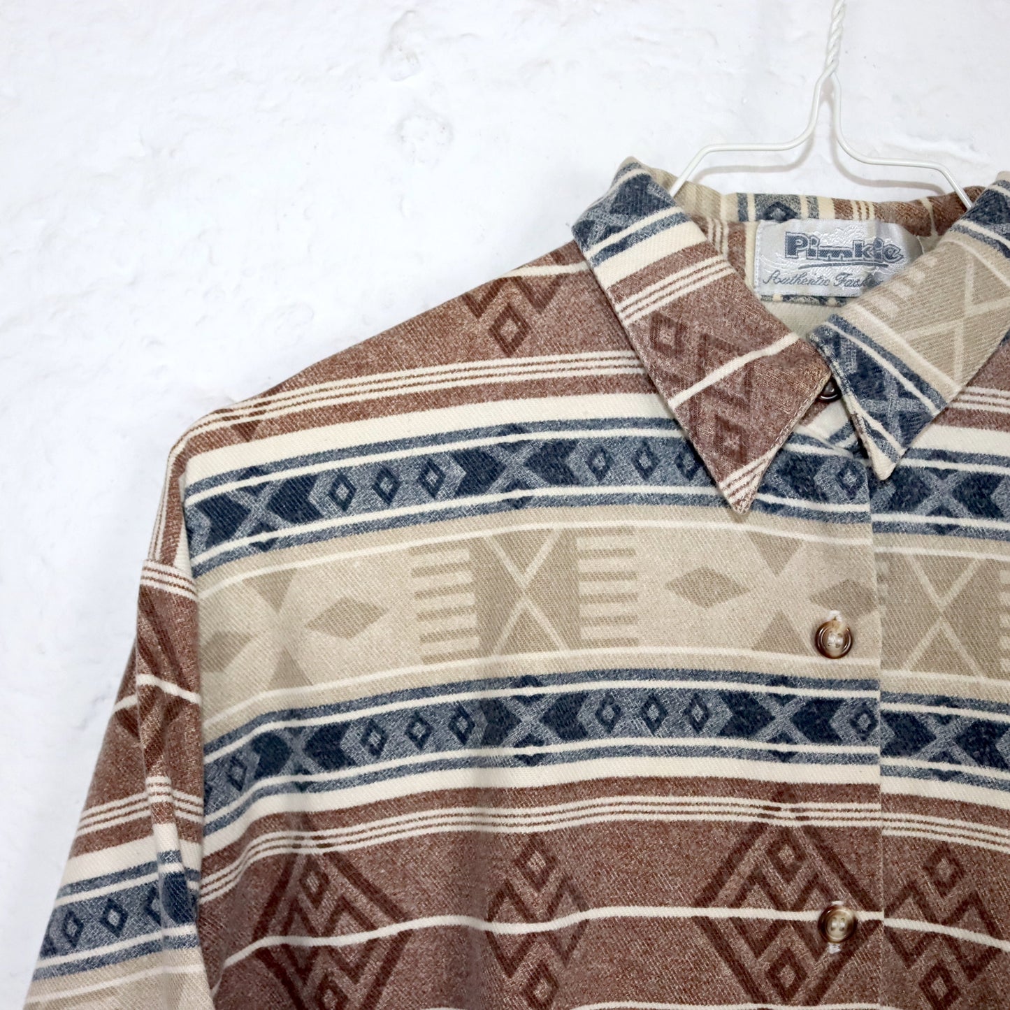 Vintage 80s 90s PIMKIE flannel shirt blouse Aztec pattern beige blue S