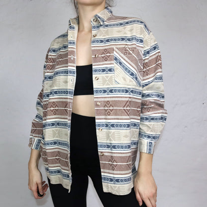 Vintage 80s 90s PIMKIE flannel shirt blouse Aztec pattern beige blue S