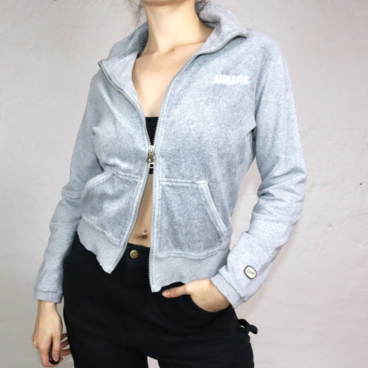 Vintage Y2K NIKE Trainingsjacke Jacke Samt Sweatjacke grau Stehkragen M Vorderseite Samtoptik