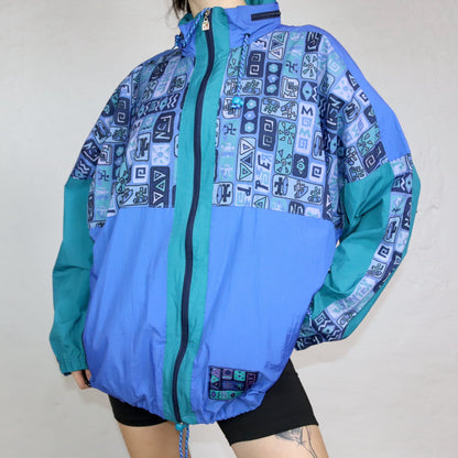 Vintage 80s 90s JEANTEX rain jacket windbreaker crazy pattern blue green 50/52 L