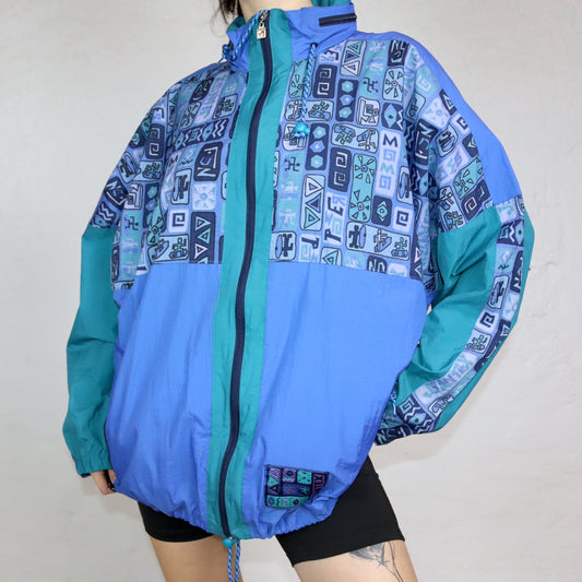 Vintage 80s 90s JEANTEX rain jacket windbreaker crazy pattern blue green 50/52 L