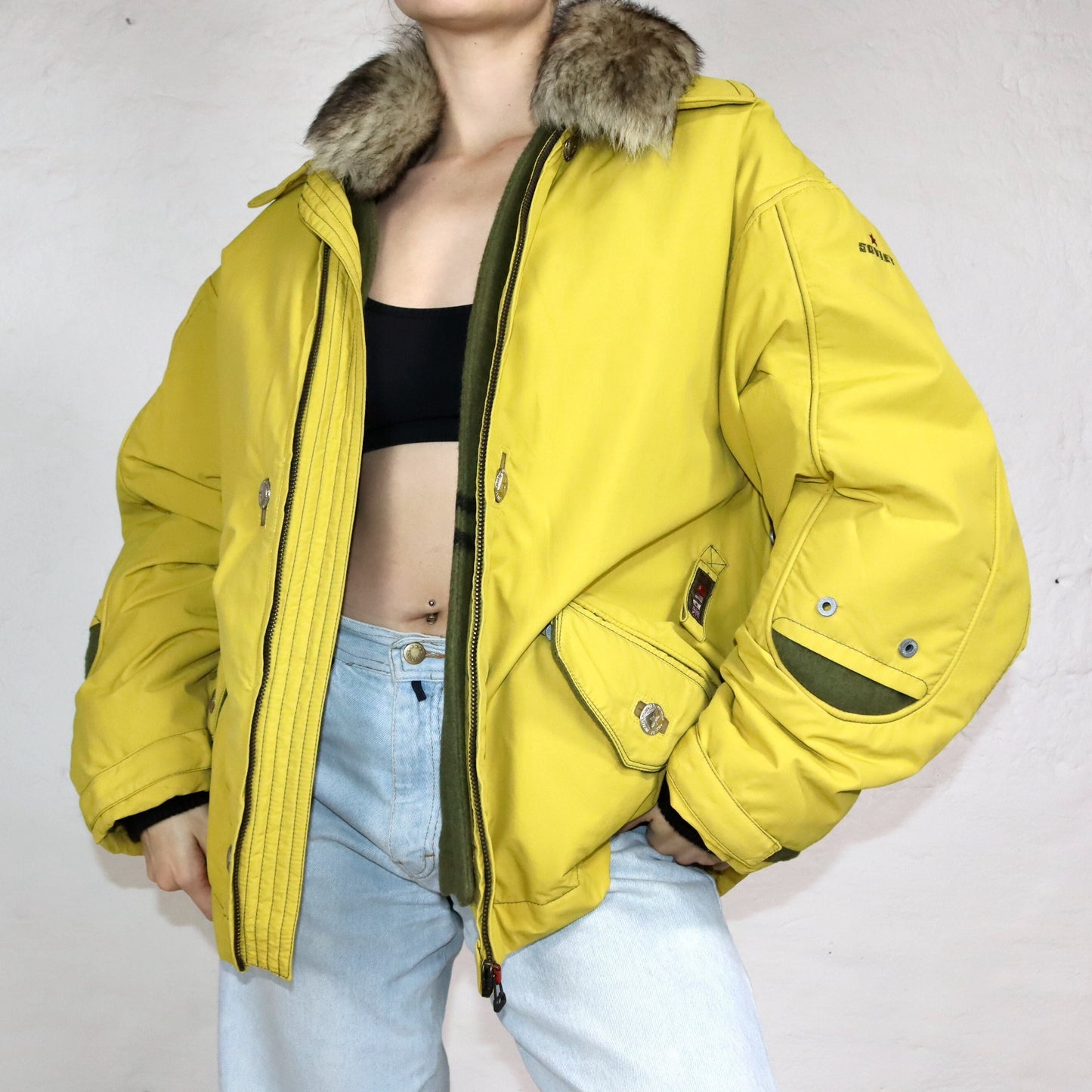 Vintage 80er 90er SOVIET Winterjacke gefüttert gelb Wolle Deadstock