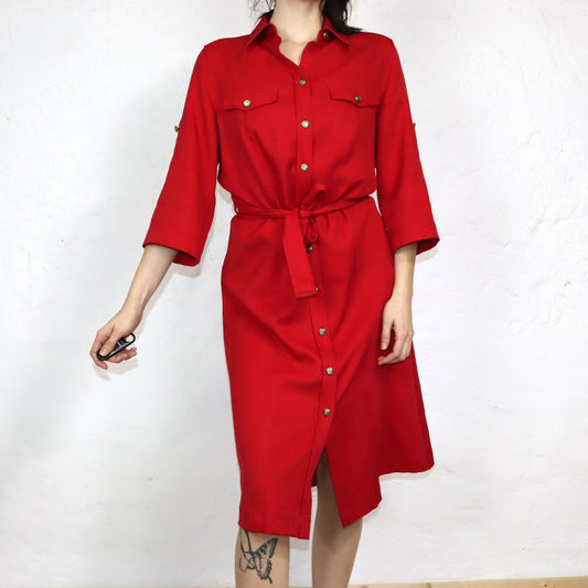 Vintage 80s 90s FAIR LADY maxi dress midi dress belt button placket red 42