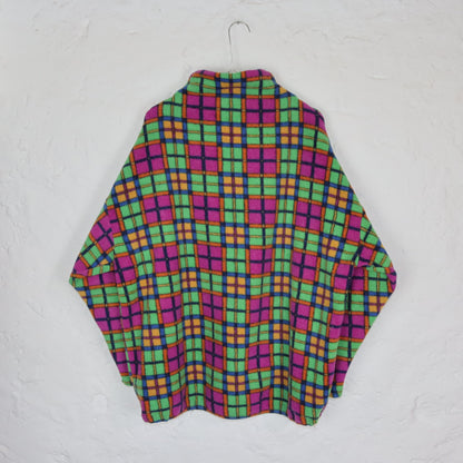 Vintage 80er 90er MOVIE Fleecepullover kariert Stehkragen bunt L Made in Italy