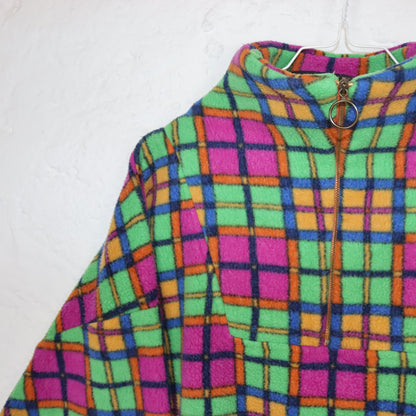 Vintage 80er 90er MOVIE Fleecepullover kariert Stehkragen bunt L Made in Italy