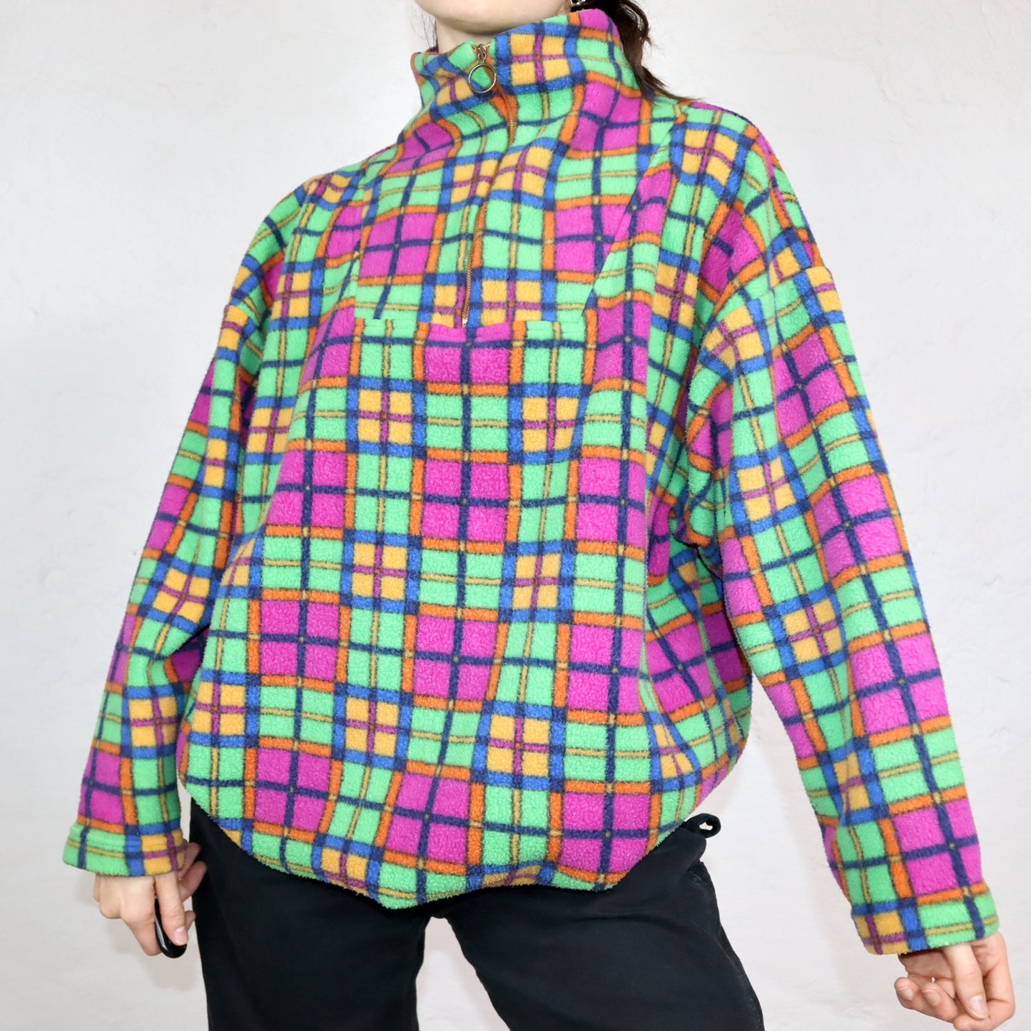 Vintage 80er 90er MOVIE Fleecepullover kariert Stehkragen bunt L Made in Italy