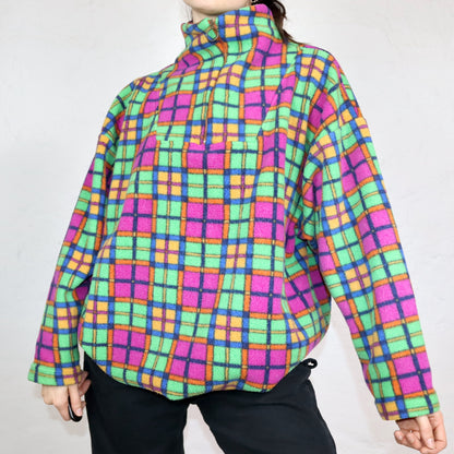 Vintage 80er 90er MOVIE Fleecepullover kariert Stehkragen bunt L Made in Italy