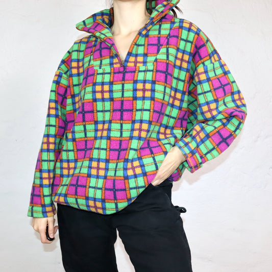 Vintage 80er 90er MOVIE Fleecepullover kariert Stehkragen bunt L Made in Italy