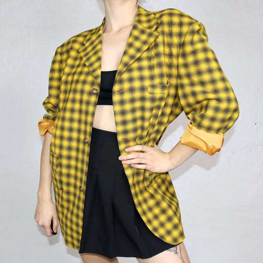 Vintage 80er 90er Blazer Wollblazer kariert oversize schwarz gelb XL