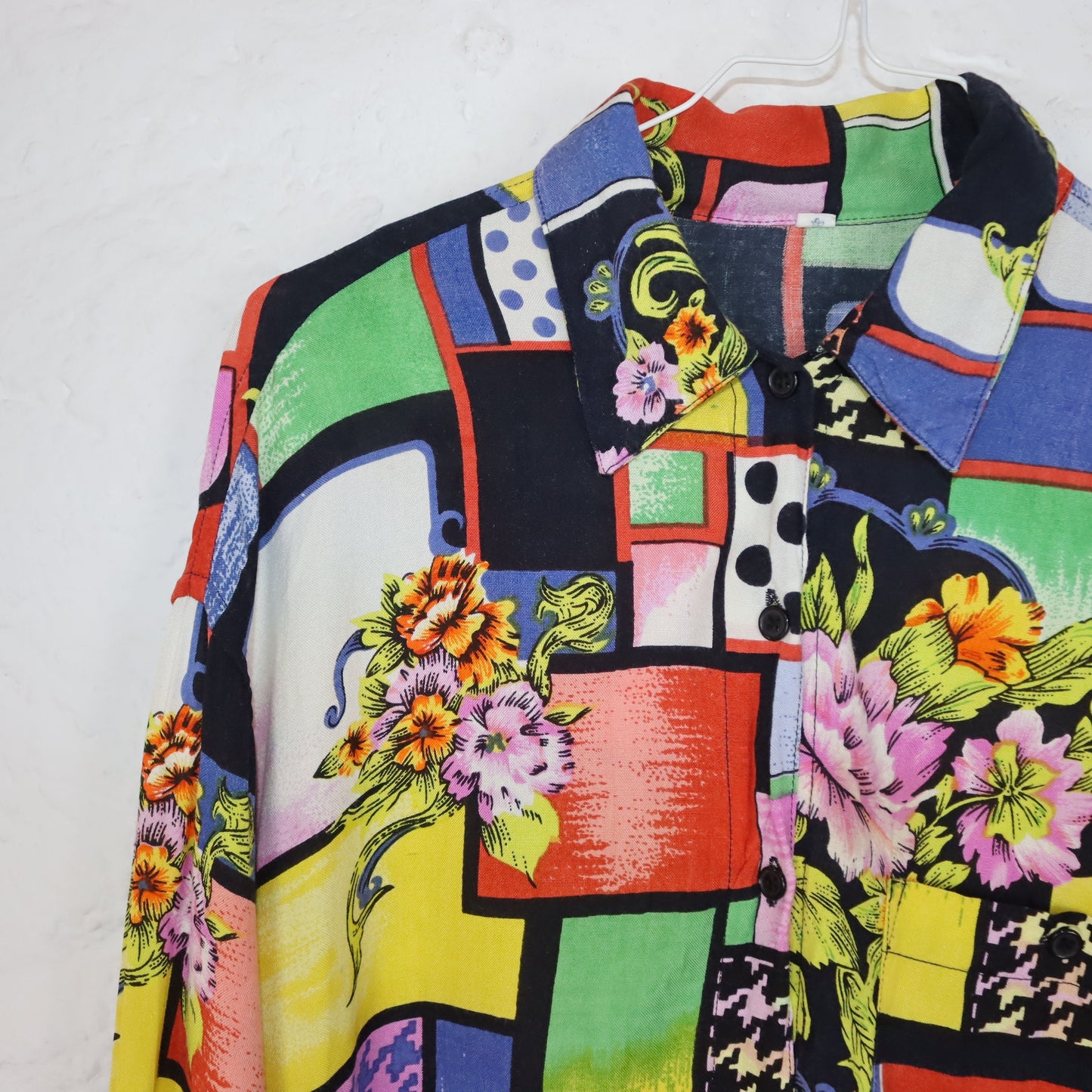 Vintage 80s 90s blouse viscose long sleeve crazy pattern colorful baroque M