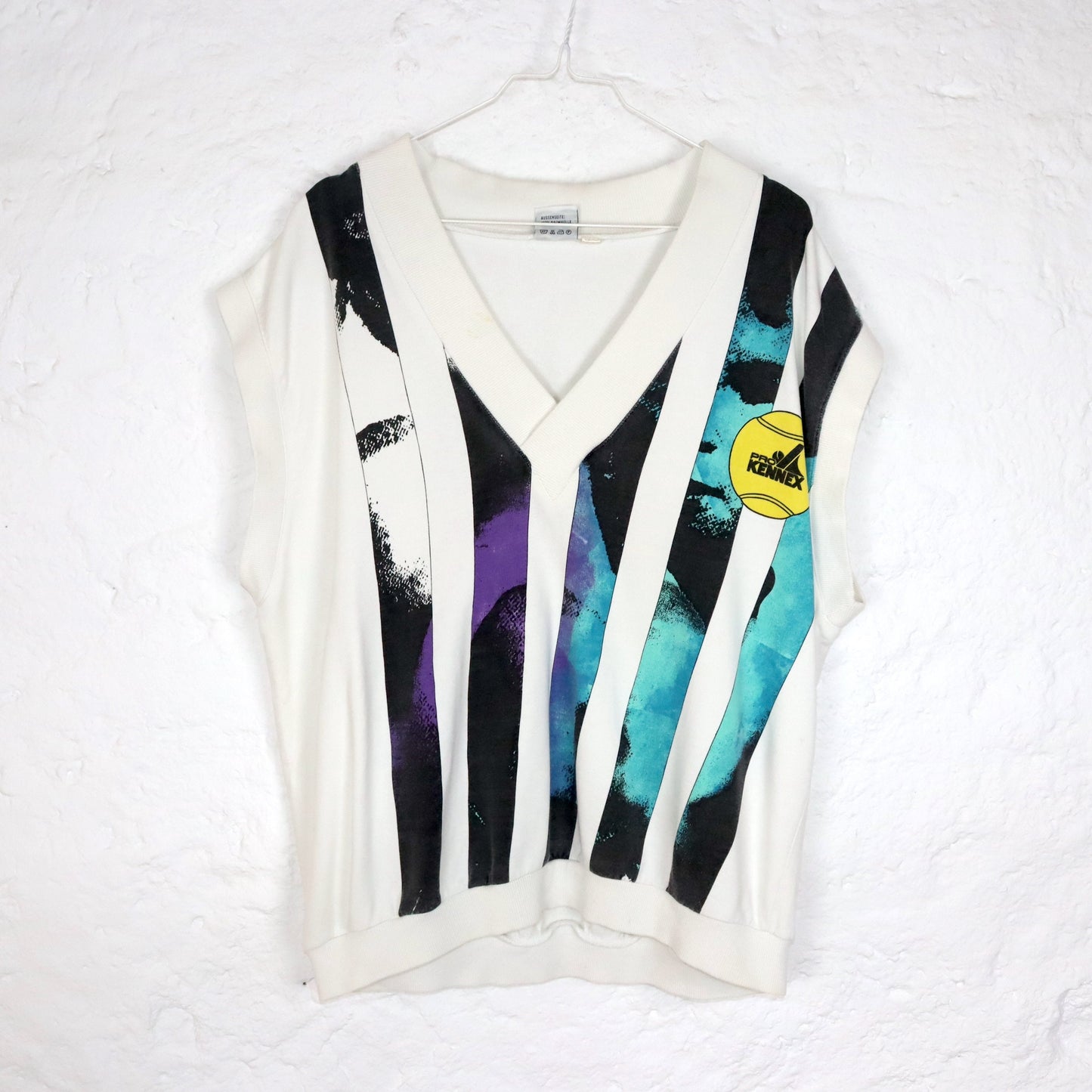 Vintage 80er 90er PRO KENNEX Pullunder crazy pattern weiß gestreift L 52