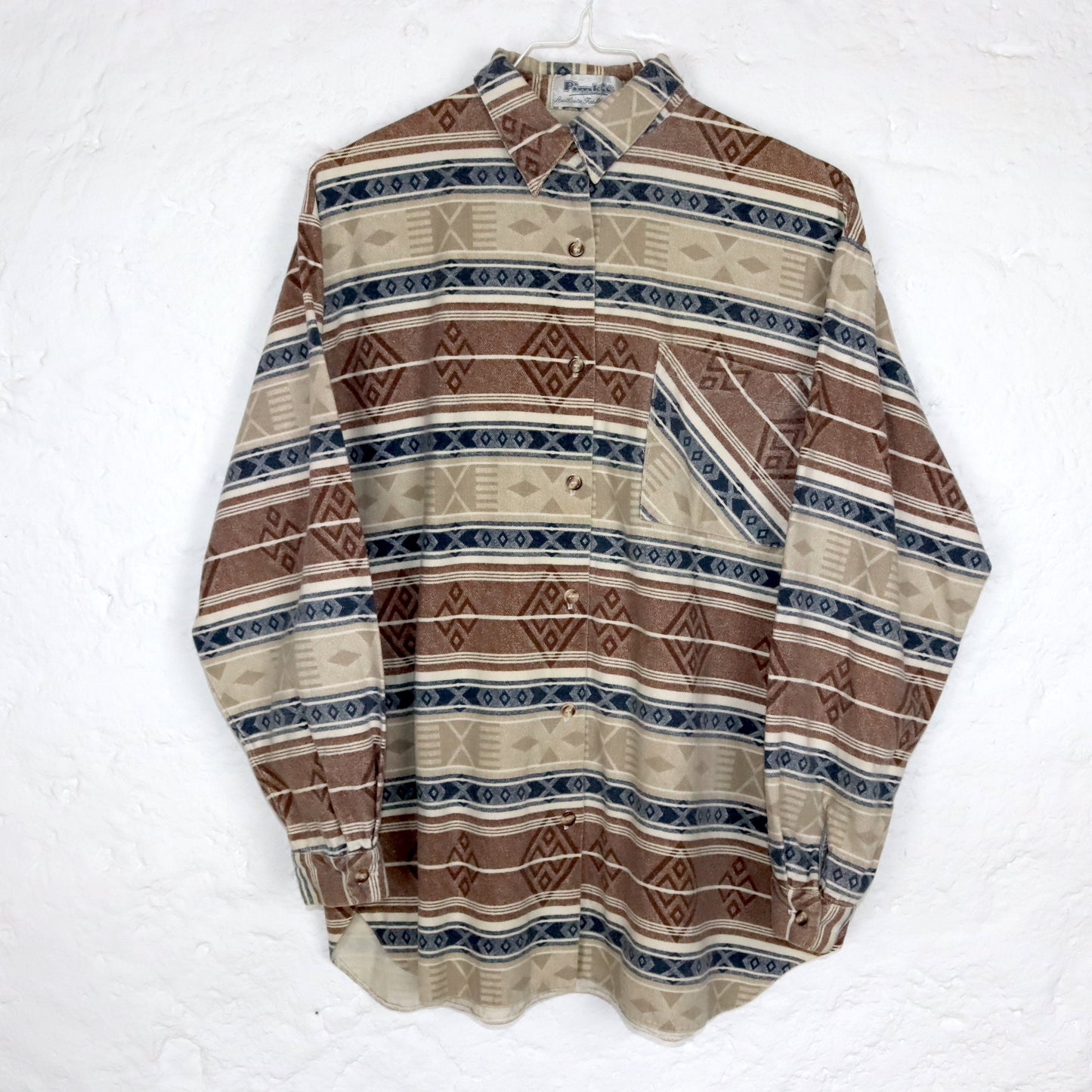 Vintage 80s 90s PIMKIE flannel shirt blouse Aztec pattern beige blue S