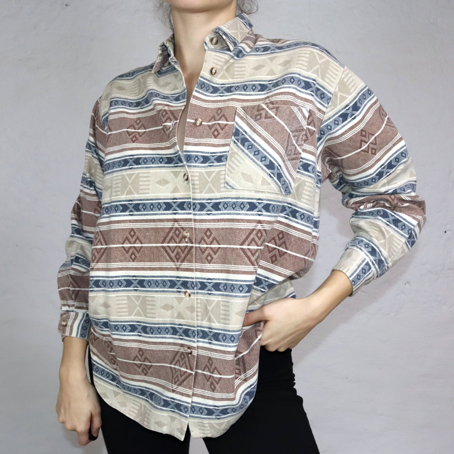 Vintage 80s 90s PIMKIE flannel shirt blouse Aztec pattern beige blue S