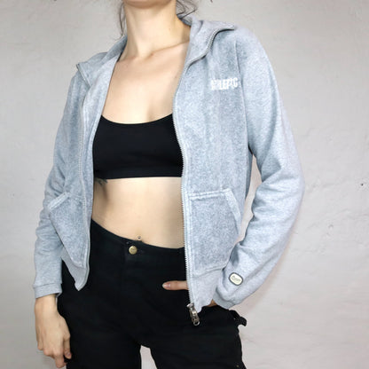 Vintage Y2K NIKE Trainingsjacke Jacke Samt Sweatjacke grau Stehkragen M Vorderseite Samtoptik
