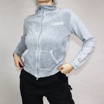Vintage Y2K NIKE Trainingsjacke Jacke Samt Sweatjacke grau Stehkragen M Vorderseite Samtoptik