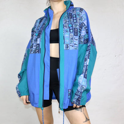 Vintage 80s 90s JEANTEX rain jacket windbreaker crazy pattern blue green 50/52 L