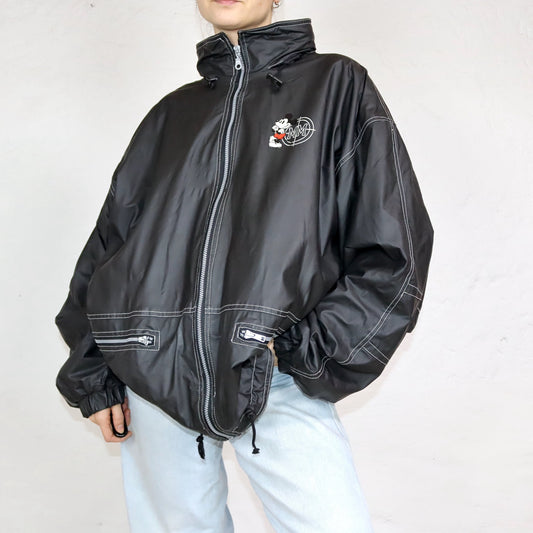 Vintage 80s 90s DISNEYLAND Paris PVC Rain Jacket inside Fleece Mickey Mouse Stand-Up Collar XL