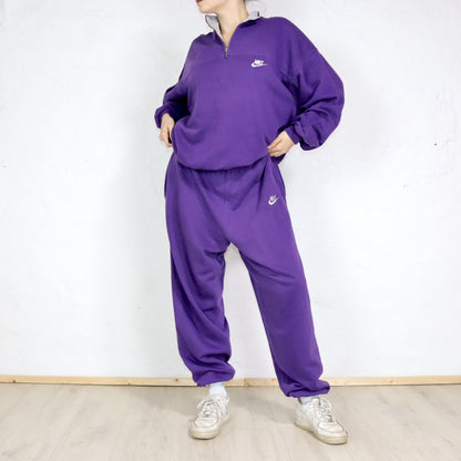 Vintage 80s 90s Rare NIKE Sweatsuit Tracksuit Sweatshirt Pullover Jogging Pants Purple Print XL