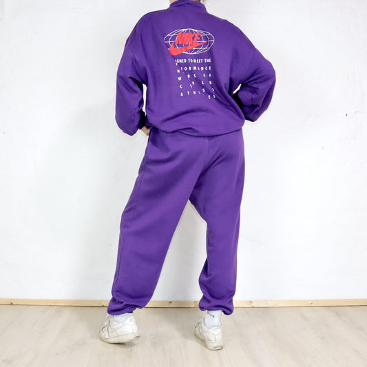 Vintage 80s 90s Rare NIKE Sweatsuit Tracksuit Sweatshirt Pullover Jogging Pants Purple Print XL