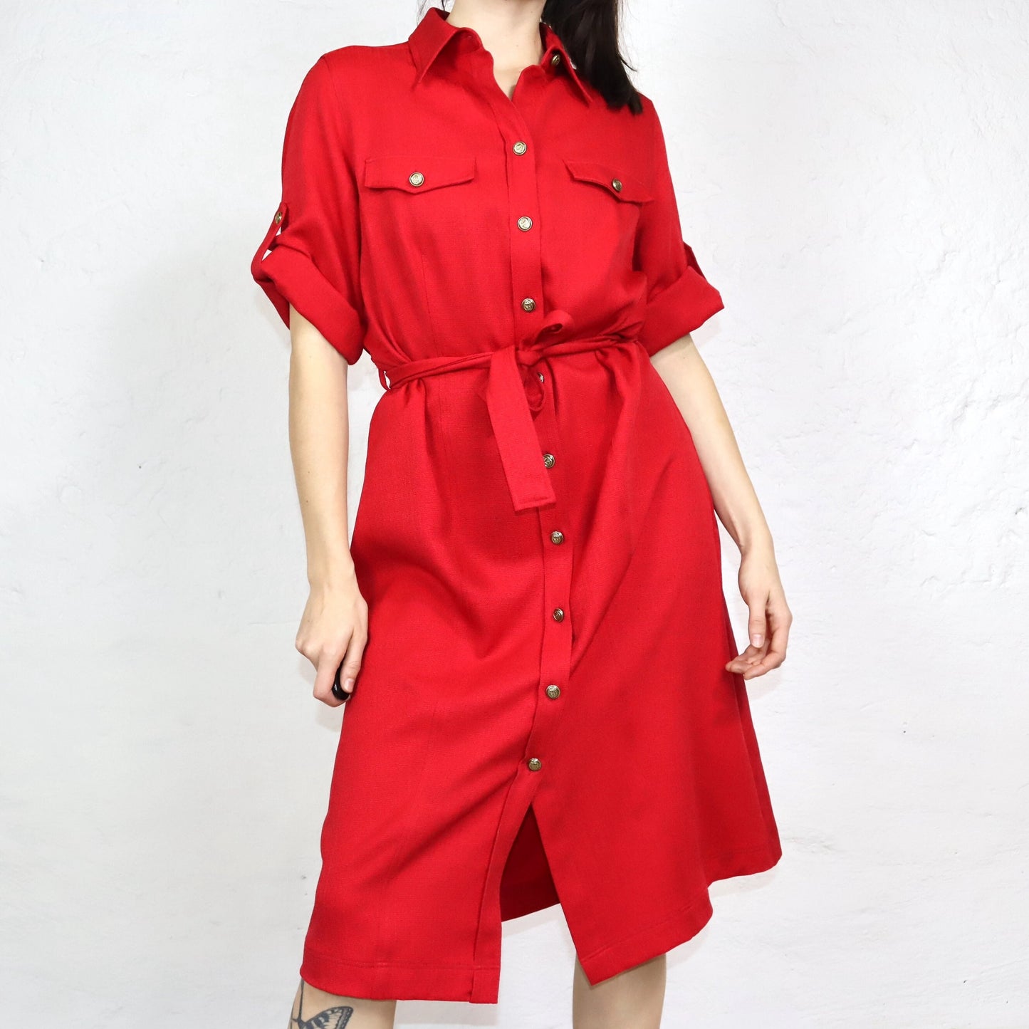 Vintage 80s 90s FAIR LADY maxi dress midi dress belt button placket red 42