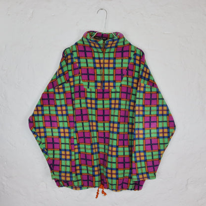 Vintage 80er 90er MOVIE Fleecepullover kariert Stehkragen bunt L Made in Italy