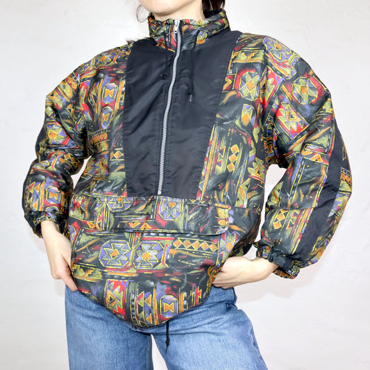 Vintage 80s 90s winter jacket lightly lined crazy pattern stand-up collar XS