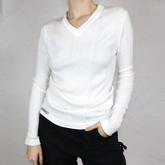 Vintage 90s 00s Y2K long-sleeve knitted shirt V-neck white M
