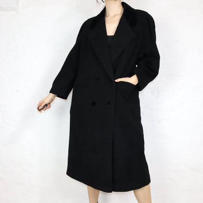 Vintage 80s 90s wool coat coat black velvet collar premium basic 40