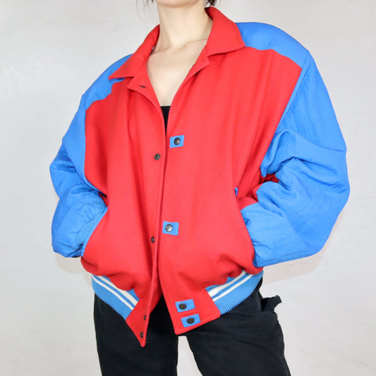 Vintage 80s 90s PUMA college jacket baseball jacket lined blue red Chinon crest patch shoulder pads 50