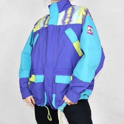 Vintage 80er 90er ADIDAS Trekking Jacke Windbreaker Parka Lila türkis gelb Stehkragen crazy pattern 50 L