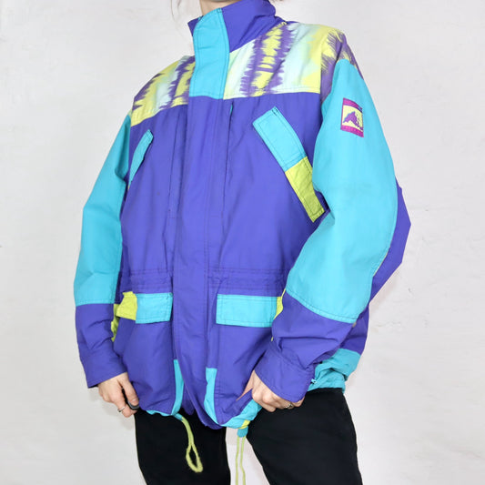 Vintage 80er 90er ADIDAS Trekking Jacke Windbreaker Parka Lila türkis gelb Stehkragen crazy pattern 50 L