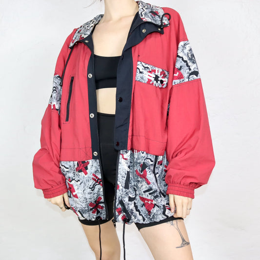 Vintage 80s 90s ETIREL tracksuit jacket windbreaker jacket crazy pattern red black double-layered 56 XL