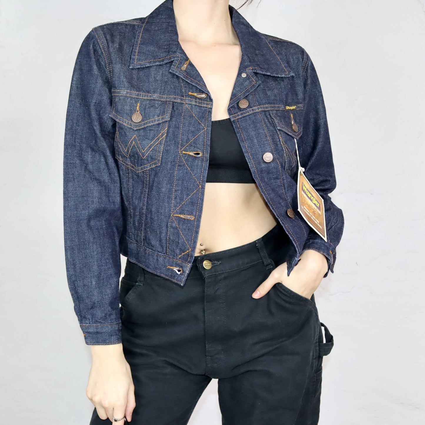 Vintage 90er 00er Y2K WRANGLER Jeansjacke dünn kurz eng dunkelblau UNGETRAGEN mit Etikett M